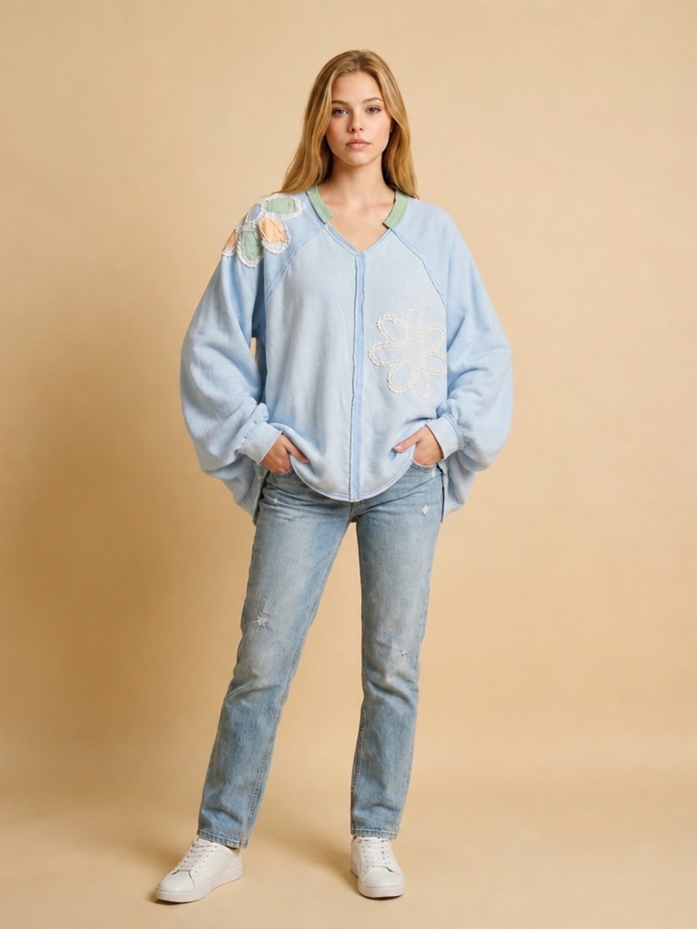 Blue Velvet Flower Patchwork Pullover Sweatshirt